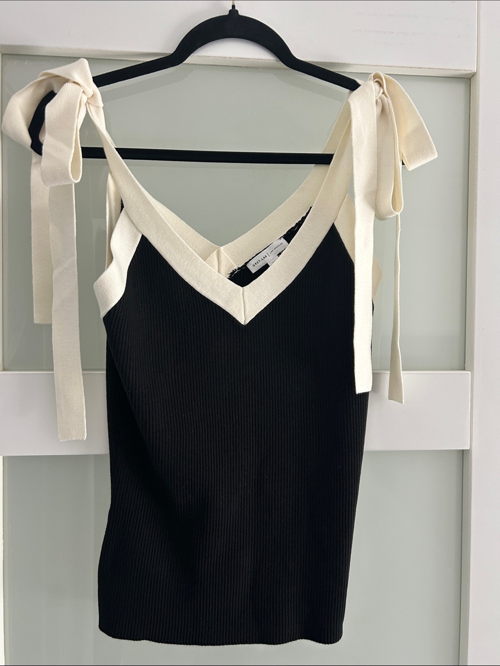 GREY LAB Black Ribbed Double V-Neck Tank with Cream Tie Straps. Size Medium
